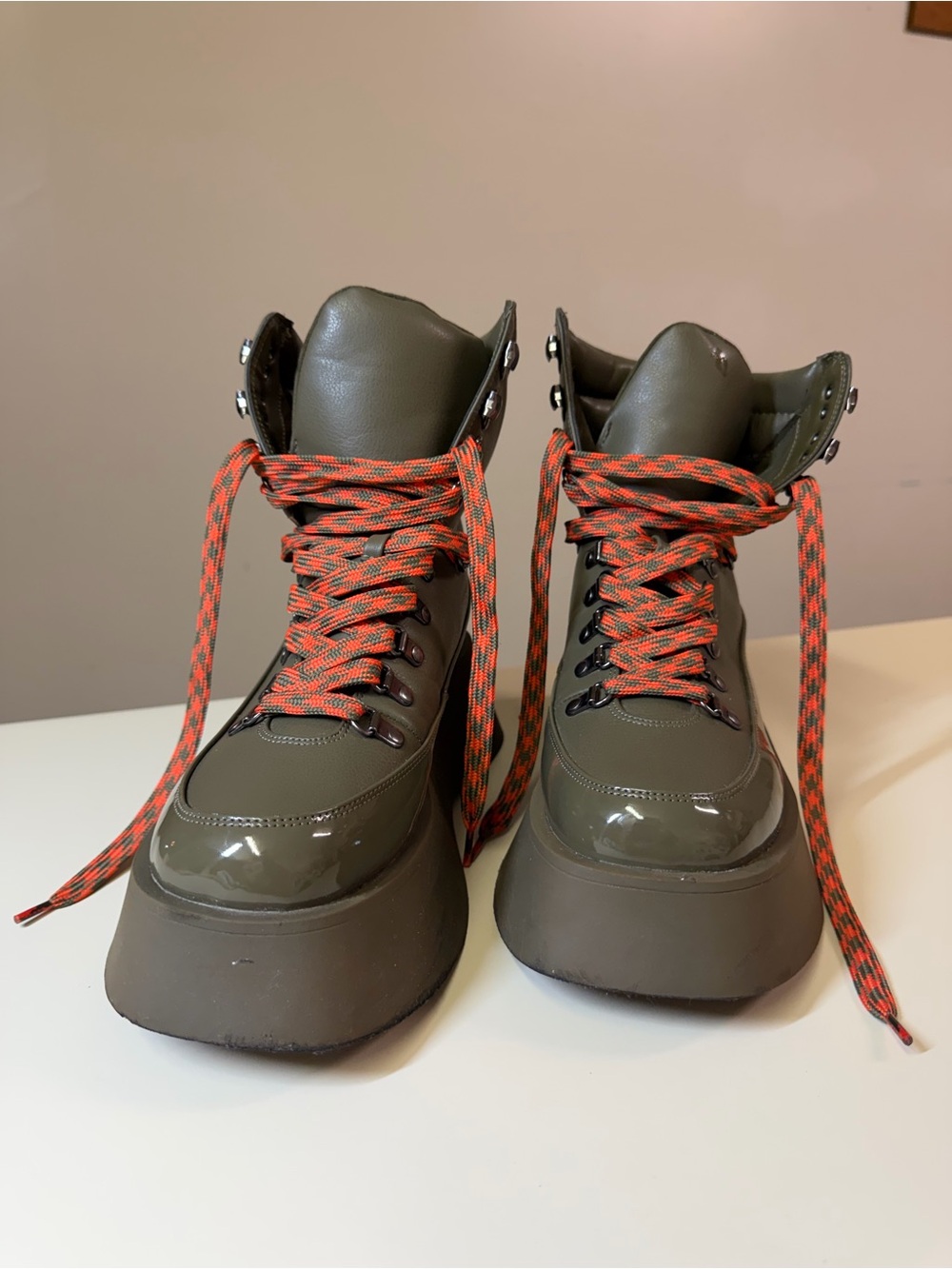 Women’s Circus NY Olive Green Platform Hiking Boot with Orange Laces